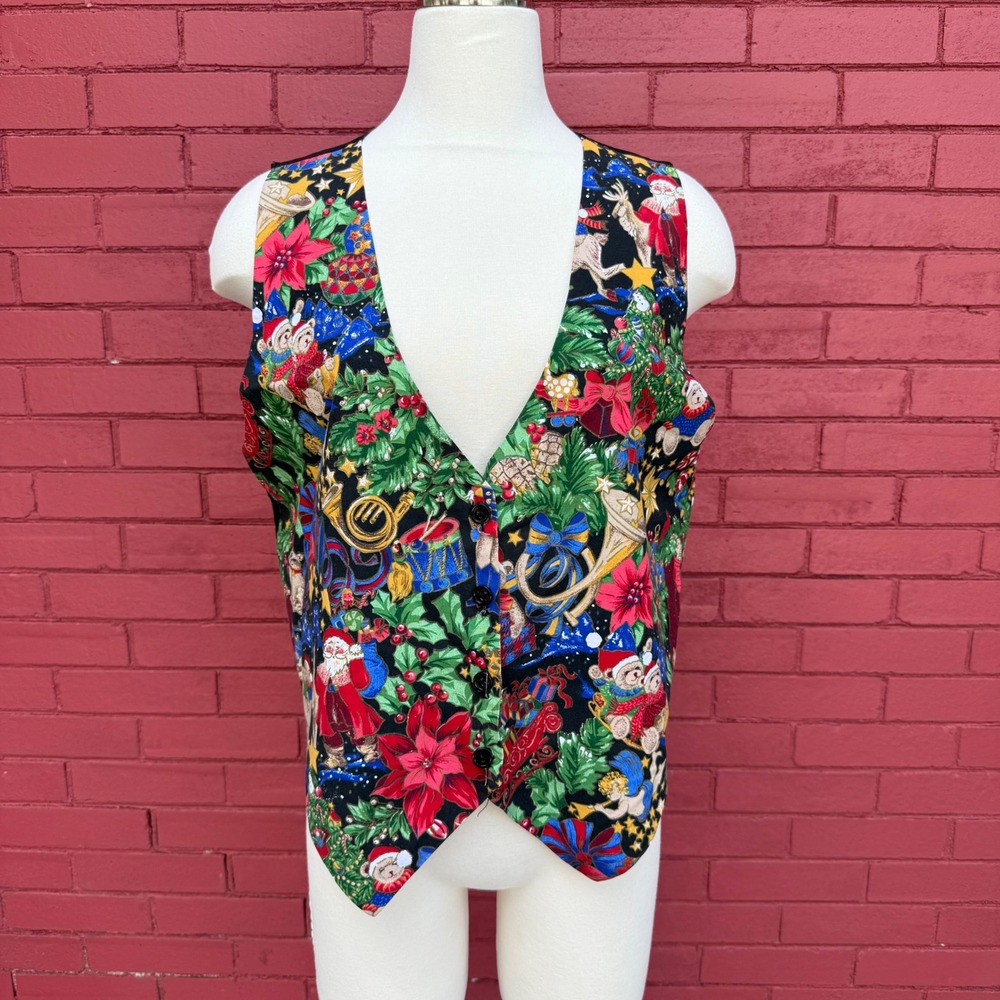 Vtg 111 Main Christmas Vest Womens Large‎ Holiday Santa Poinsettia Ugly Sweater